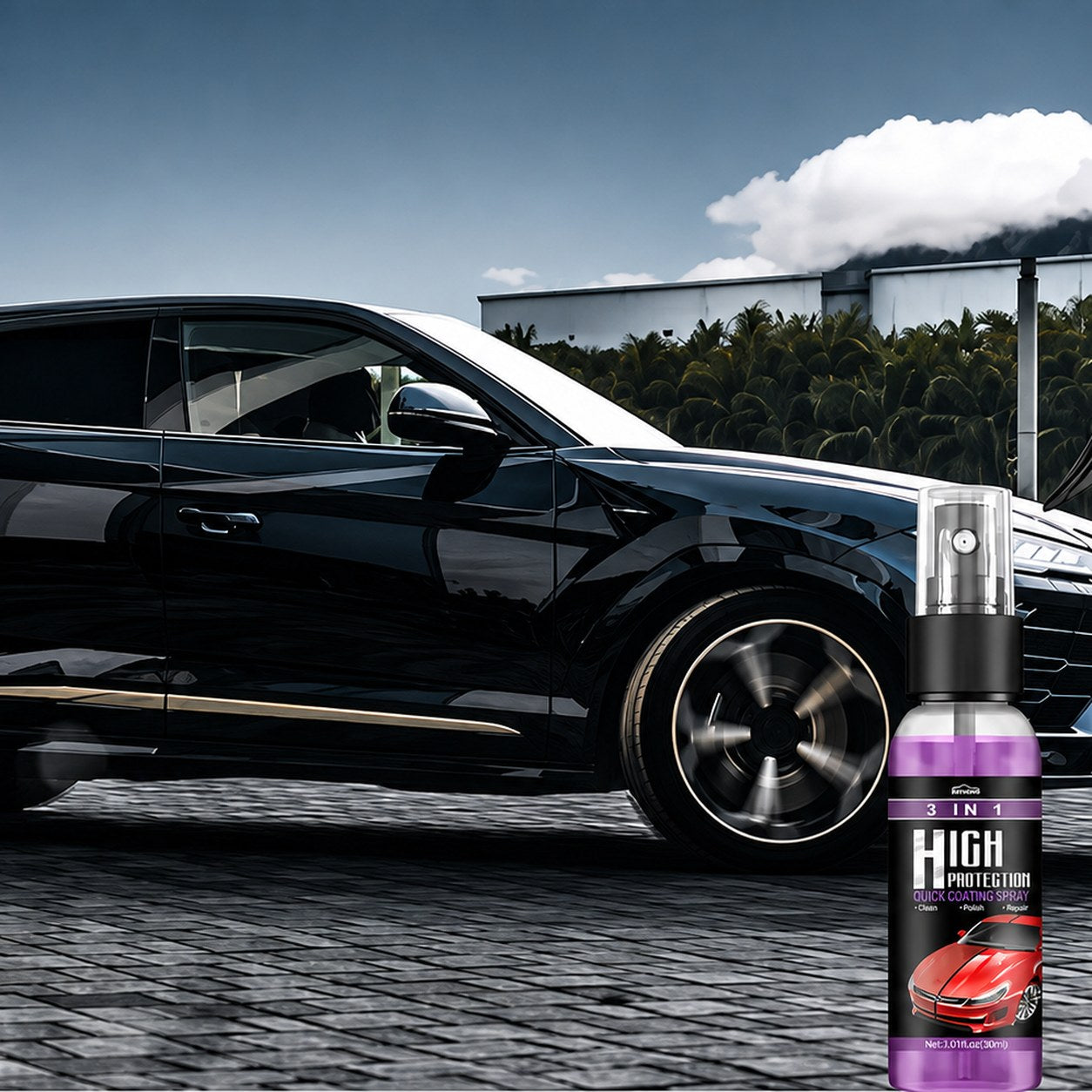 Ceramic coating spray next to a glossy black car