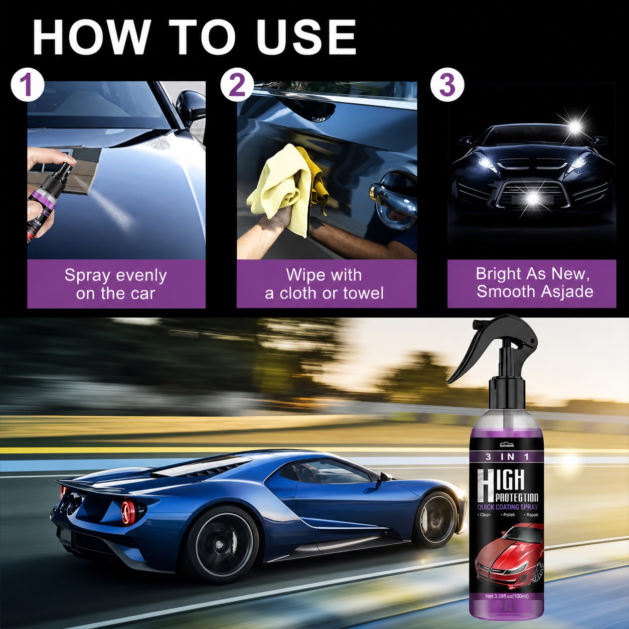 How to use: spray, wipe with a towel, buff to a shine