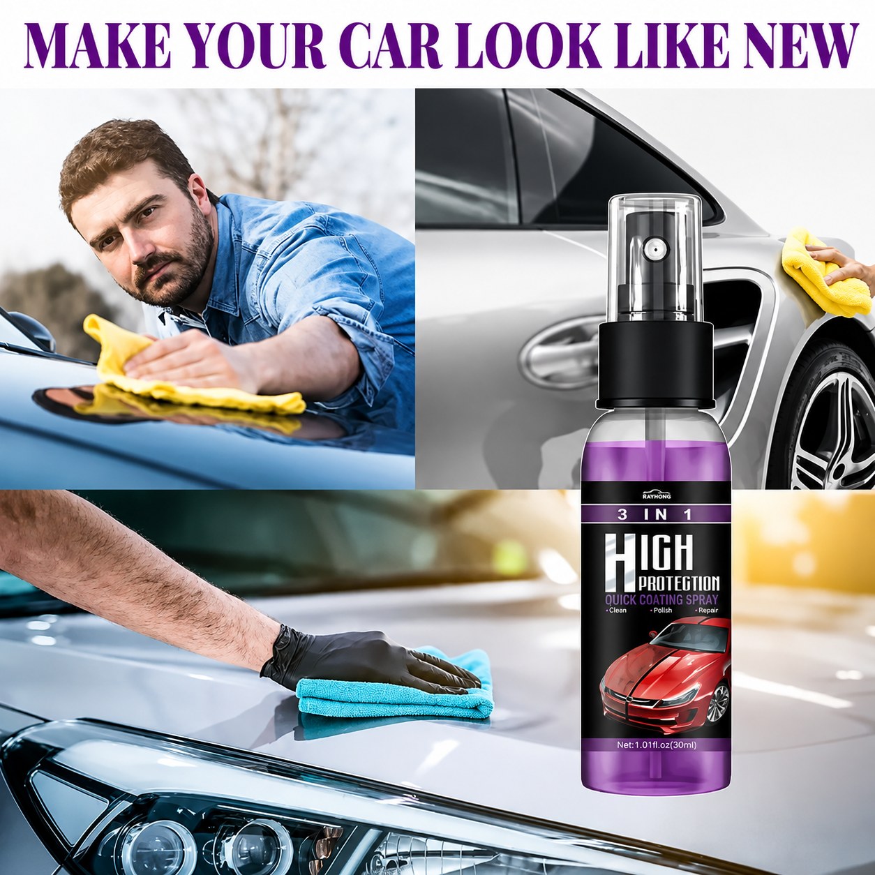Applying the coating spray to a car hood with a microfiber towel