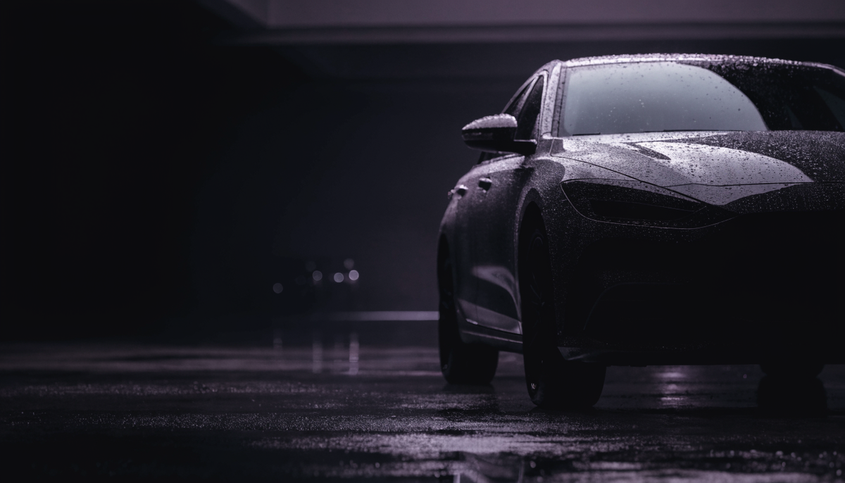 Dark glossy car with water beading on the hood after ceramic coating spray